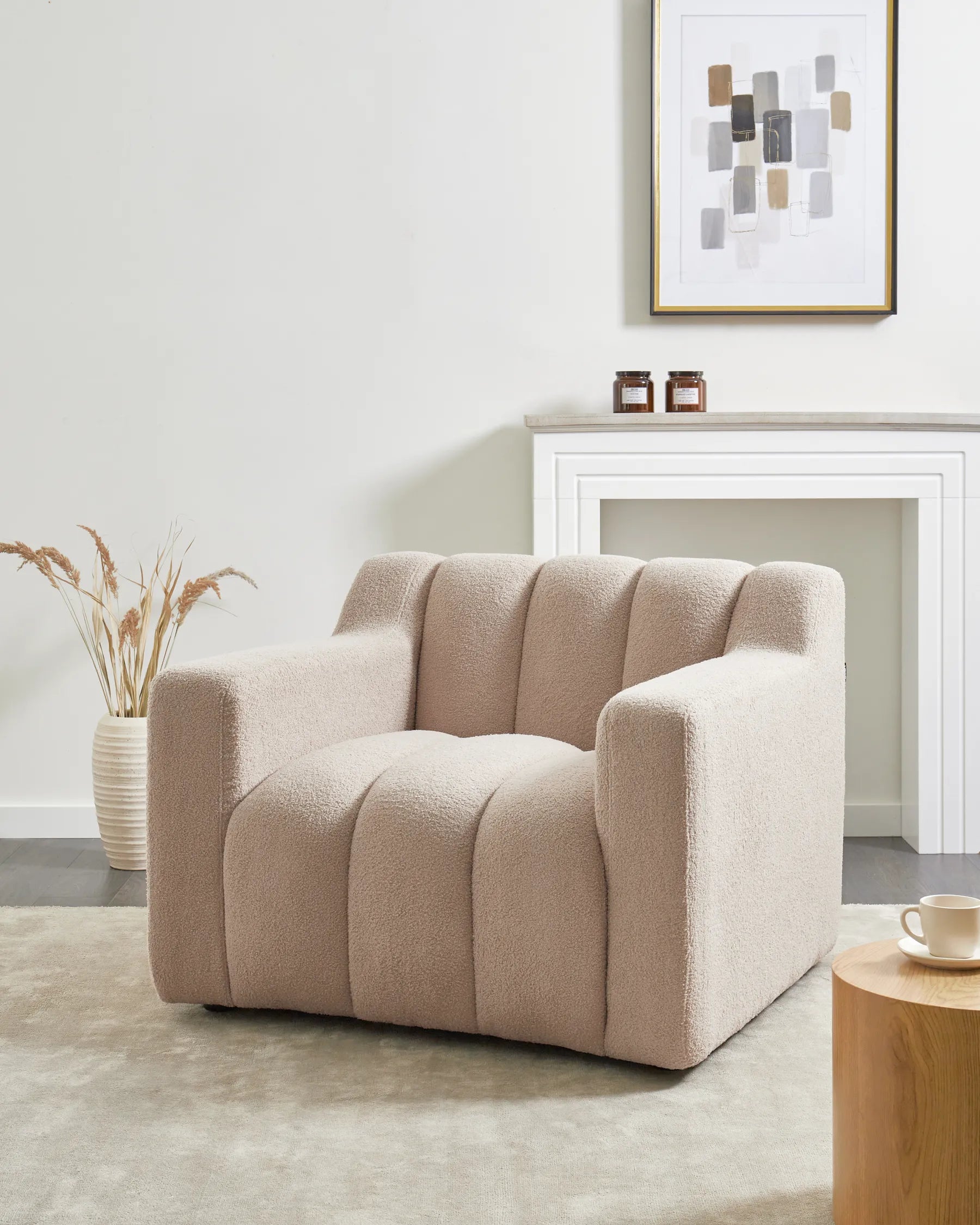 Armchair AGERUP Boucle Beige – Upholstered Accent Chair with Decorative Tufting, Deep Seat Comfort, Contemporary Living Room Armchair