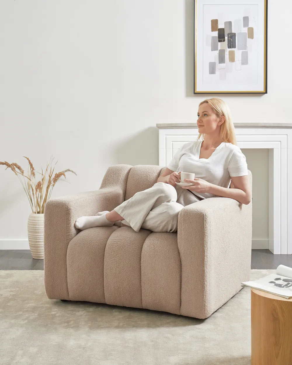 Armchair AGERUP Boucle Beige – Upholstered Accent Chair with Decorative Tufting, Deep Seat Comfort, Contemporary Living Room Armchair