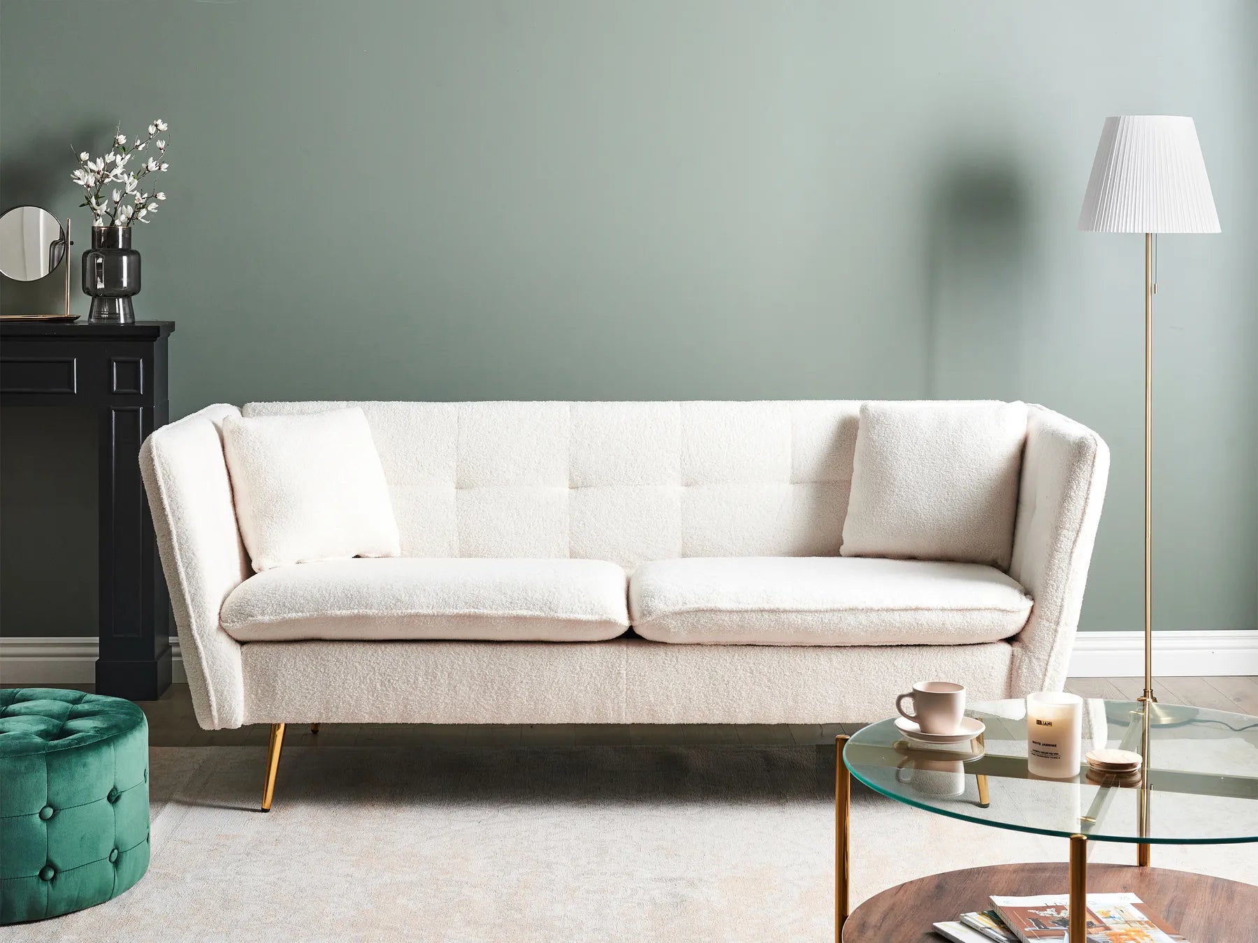 Sofa 3 Seater FREDERICA Boucle Off-White – Elegant Tufted Design with Metal Legs