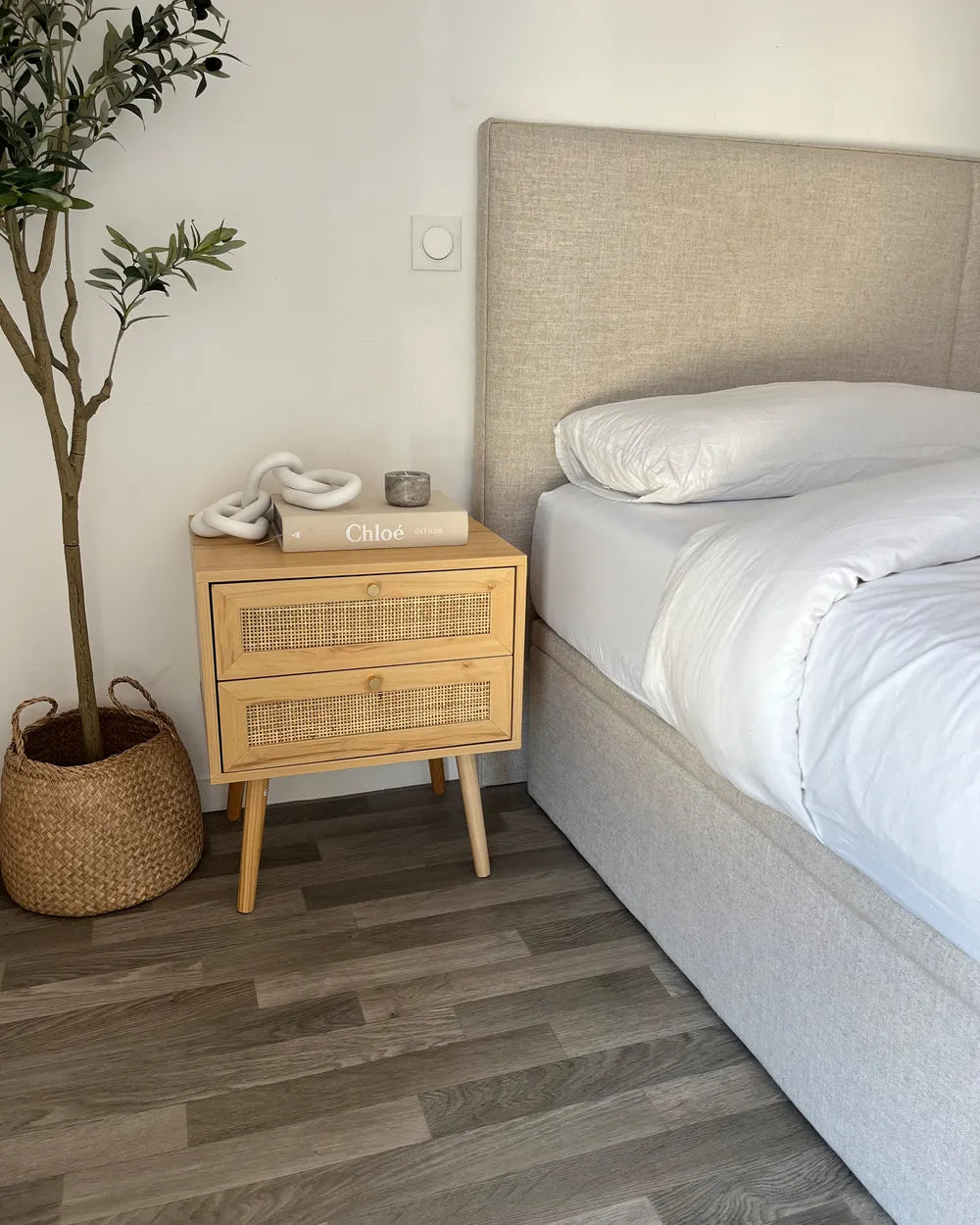 2-Drawer Bedside Table Perote with Rattan Fronts – Light Brown