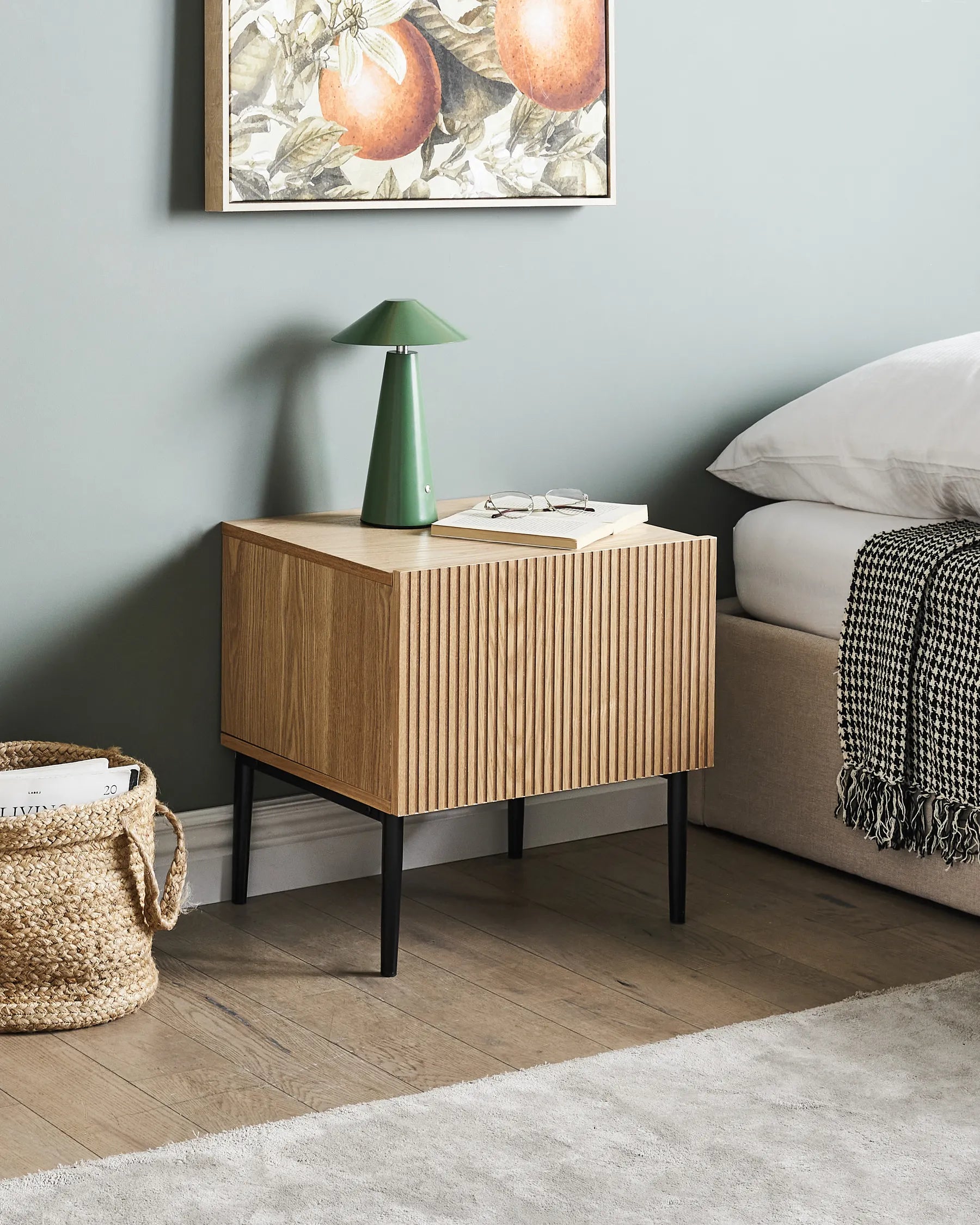 Bedside Table BLYTHE Natural Ash Wood – 1 Drawer Nightstand with Ribbed Front, 48×40×50 cm