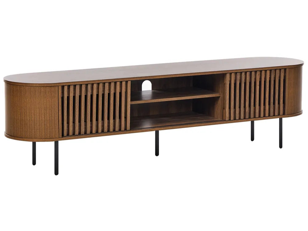 Retro Style TV Stand TAROON Dark Brown with Wood-Look Finish, 180 cm Wide Media Cabinet with High Load Capacity, Metal Legs and Storage Compartments