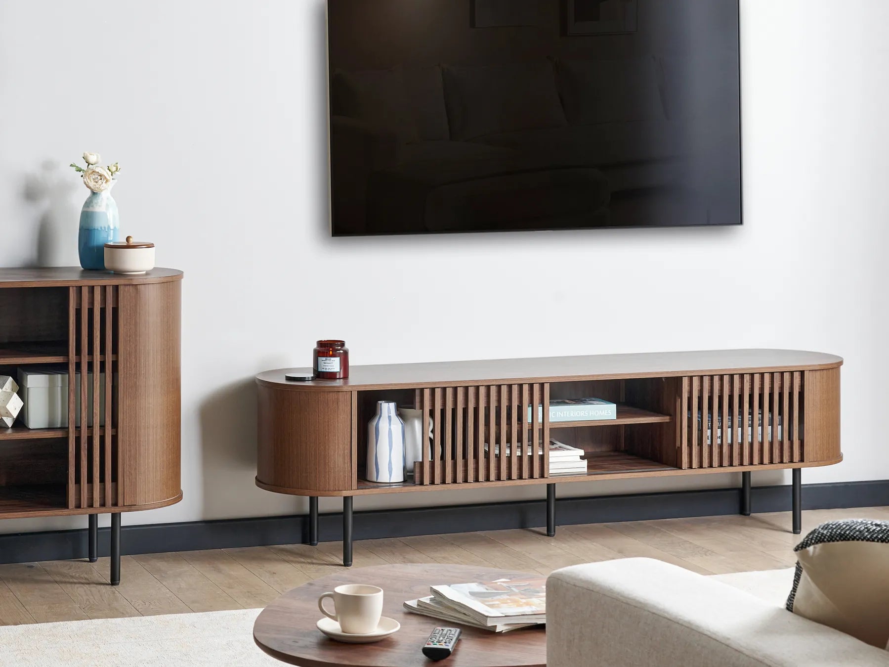 Retro Style TV Stand TAROON Dark Brown with Wood-Look Finish, 180 cm Wide Media Cabinet with High Load Capacity, Metal Legs and Storage Compartments