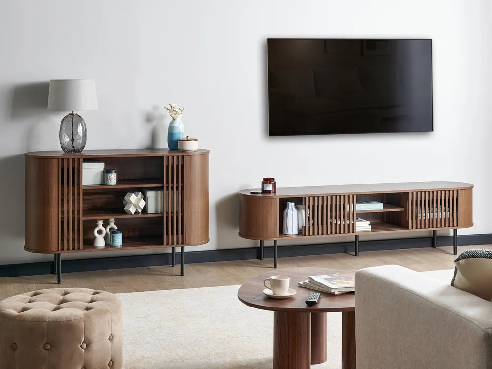 Retro Style TV Stand TAROON Dark Brown with Wood-Look Finish, 180 cm Wide Media Cabinet with High Load Capacity, Metal Legs and Storage Compartments