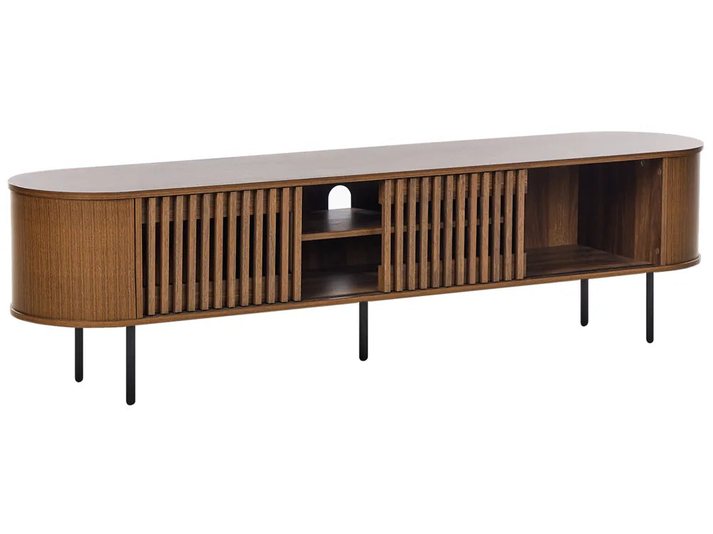 Retro Style TV Stand TAROON Dark Brown with Wood-Look Finish, 180 cm Wide Media Cabinet with High Load Capacity, Metal Legs and Storage Compartments