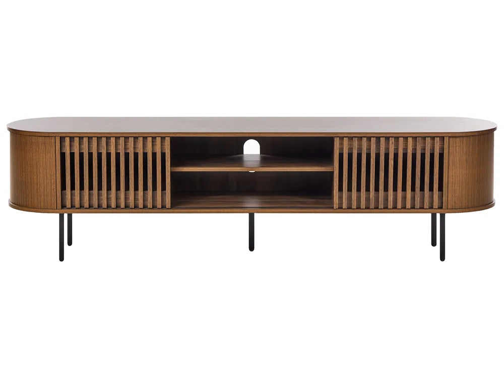 Retro Style TV Stand TAROON Dark Brown with Wood-Look Finish, 180 cm Wide Media Cabinet with High Load Capacity, Metal Legs and Storage Compartments