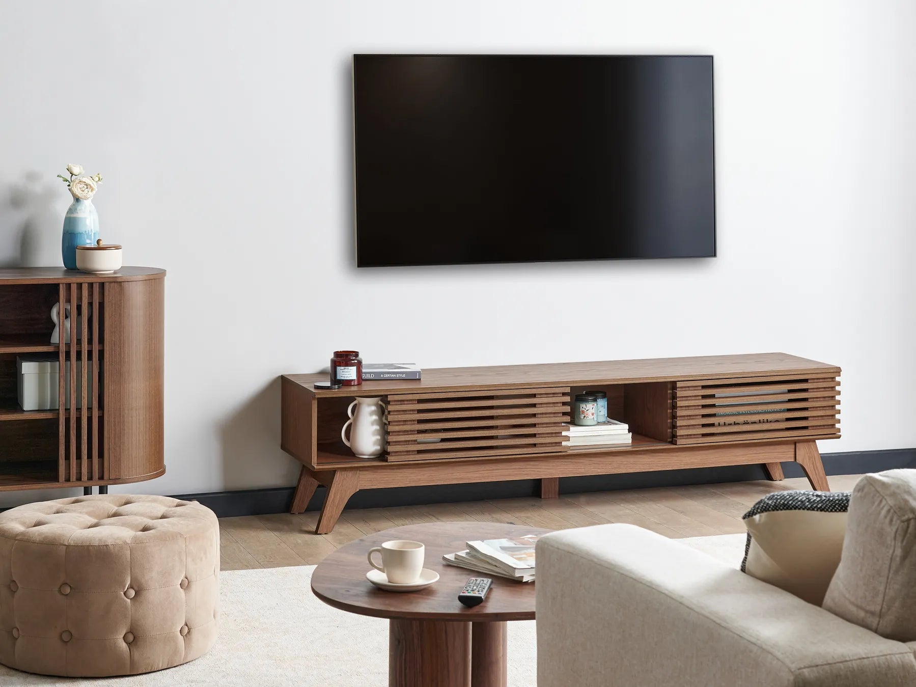 TV Stand TOLEDO Dark Brown – Retro Wooden TV Cabinet with Sliding Doors, Cable Management, Up to 80 kg Load