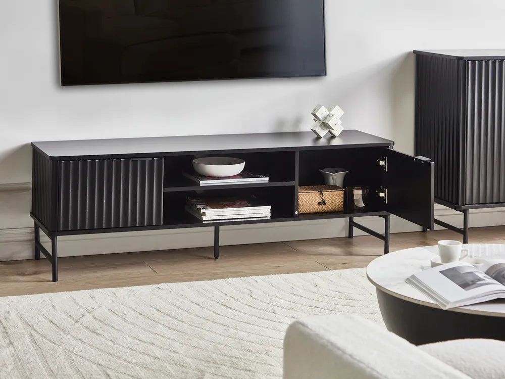 TV Stand GLASTONBURY Black – Retro Cabinet with Shelves, Cable Management, 140 cm