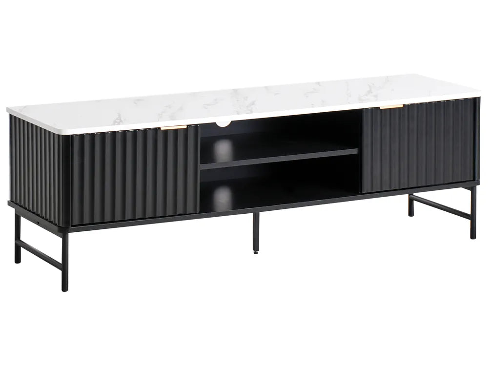 TV Stand GLASTONBURY Marble Effect Top Black – Modern TV Cabinet with Shelves & Cable Management (140 cm)