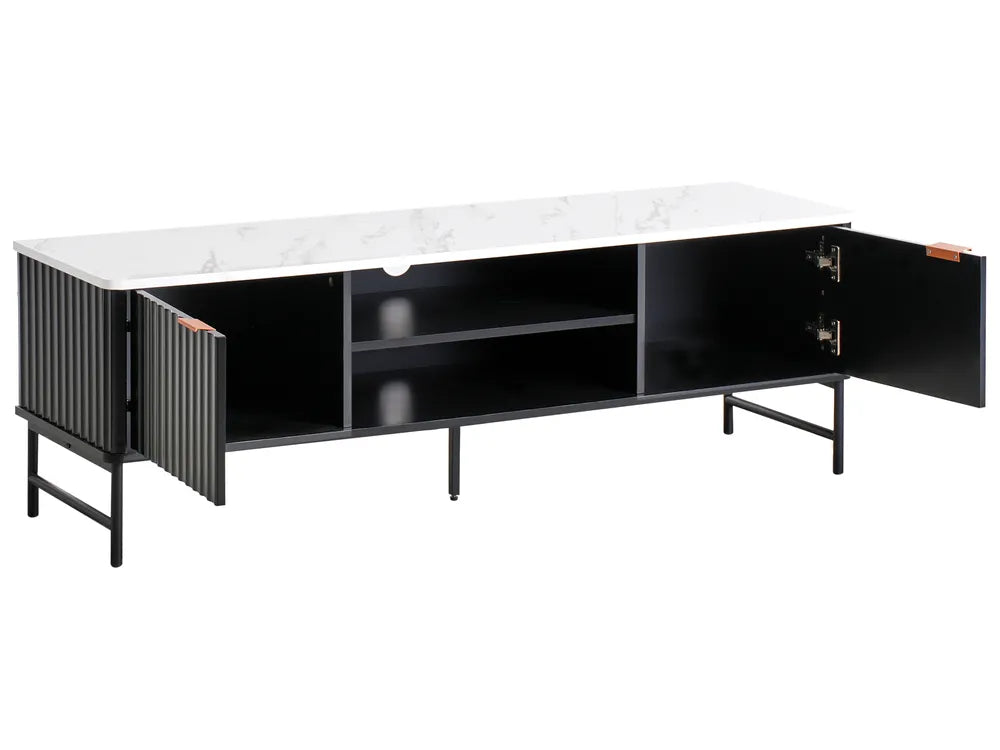 TV Stand GLASTONBURY Marble Effect Top Black – Modern TV Cabinet with Shelves & Cable Management (140 cm)