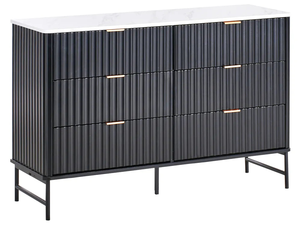 Modern 6 Drawer Storage Unit with Marble Effect Top and Metal Legs