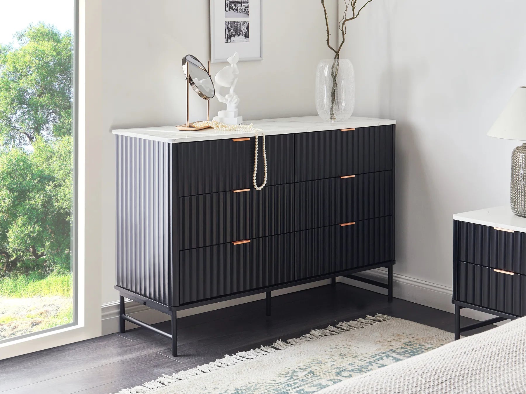 Modern 6 Drawer Storage Unit with Marble Effect Top and Metal Legs