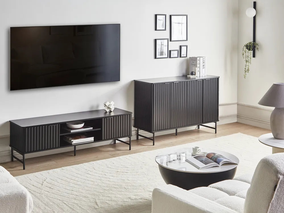 TV Stand GLASTONBURY Black – Retro Cabinet with Shelves, Cable Management, 140 cm