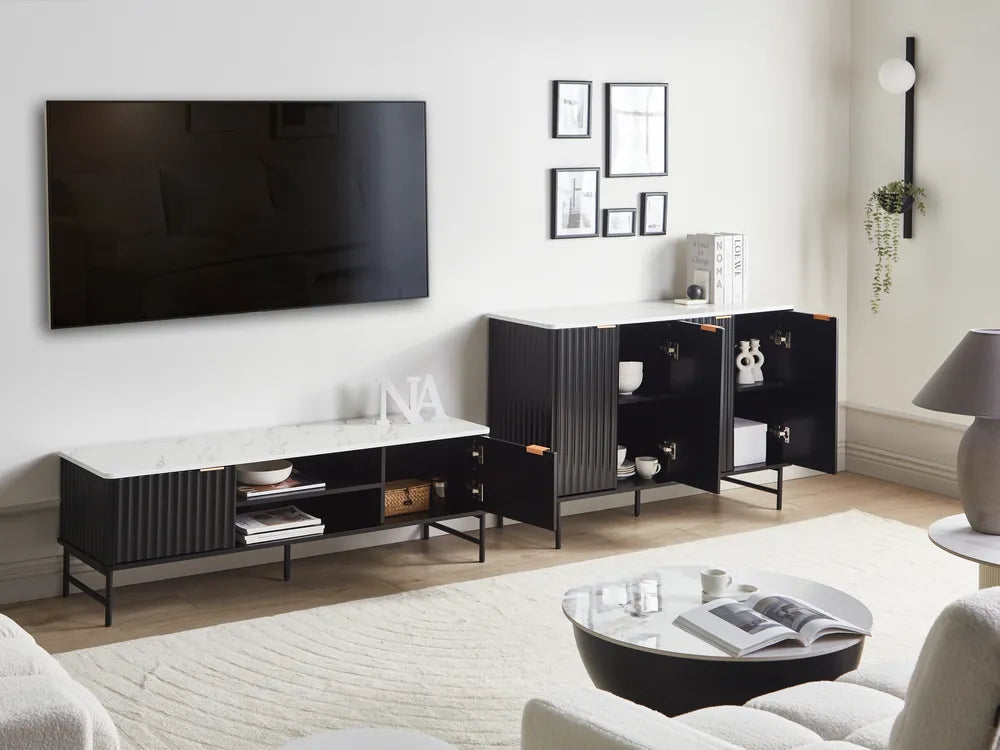 TV Stand GLASTONBURY Marble Effect Top Black – Modern TV Cabinet with Shelves & Cable Management (140 cm)