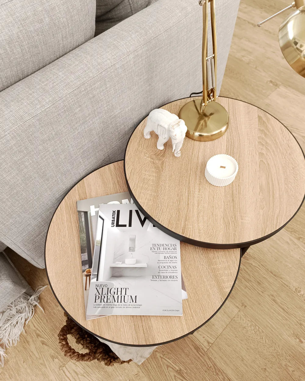 MELODY Set of 2 Coffee Tables, Round MDF Tables with Metal Legs, Light Brown, 50×50×50 cm & 50×50×45 cm