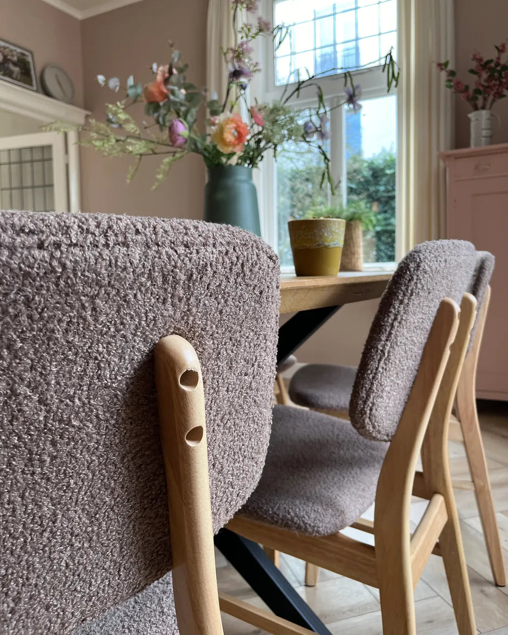 Set of 2 Dining Chairs ELAINE Bouclé Fabric Taupe – Light Wood Frame