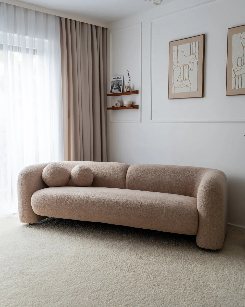 Sofa 3 Seater LEIREN Bouclé Beige – Modern Curved Fabric Sofa with Cushions