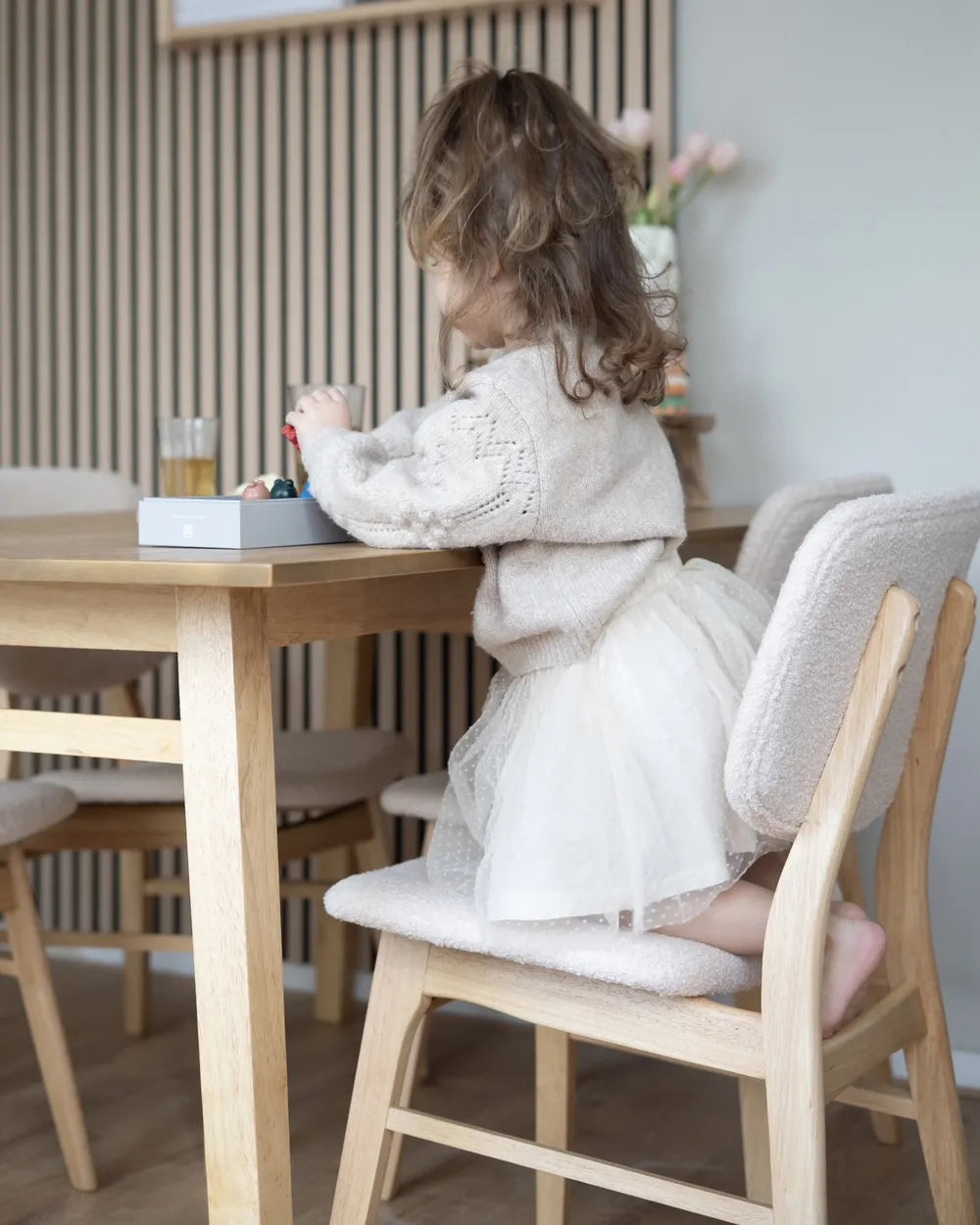 Set of 2 Dining Chairs ELAINE Bouclé Fabric Taupe – Dark Wood Frame