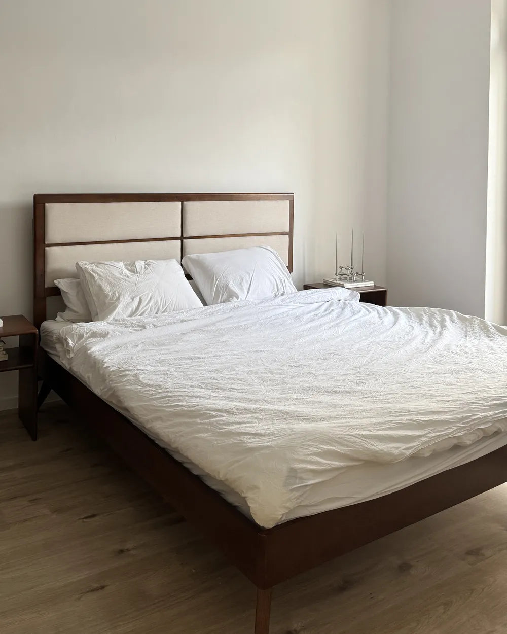 Bed POISSY 180 × 200 cm (EU Super King) – Dark Ash Wood Bed Frame with Upholstered Headboard and Slatted Base