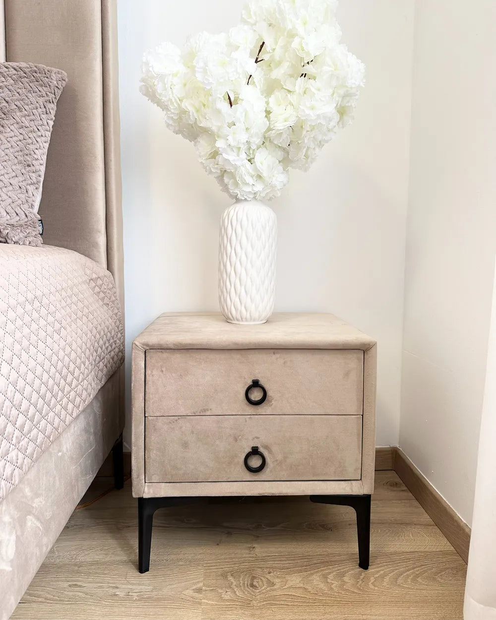 2 Drawer Upholstered Bedside Table SEZANNE in Taupe Velvet with Metal Legs