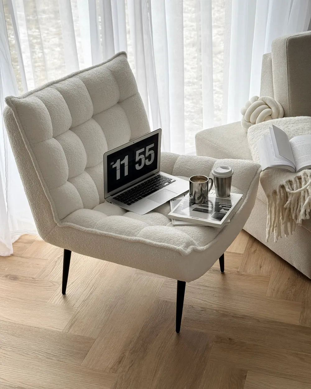 ALVESTA Boucle White Armchair – Modern Armless Accent Chair with Soft Upholstery