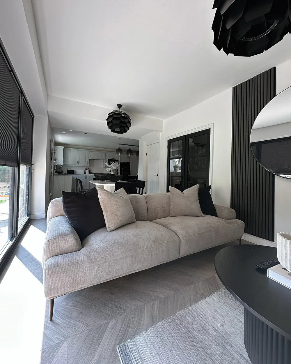 Sofa 3 Seater MATILA Fabric Light Grey – Thickly Padded Couch with Cushions, Modern 3-Seat Fabric Sofa, 233 cm