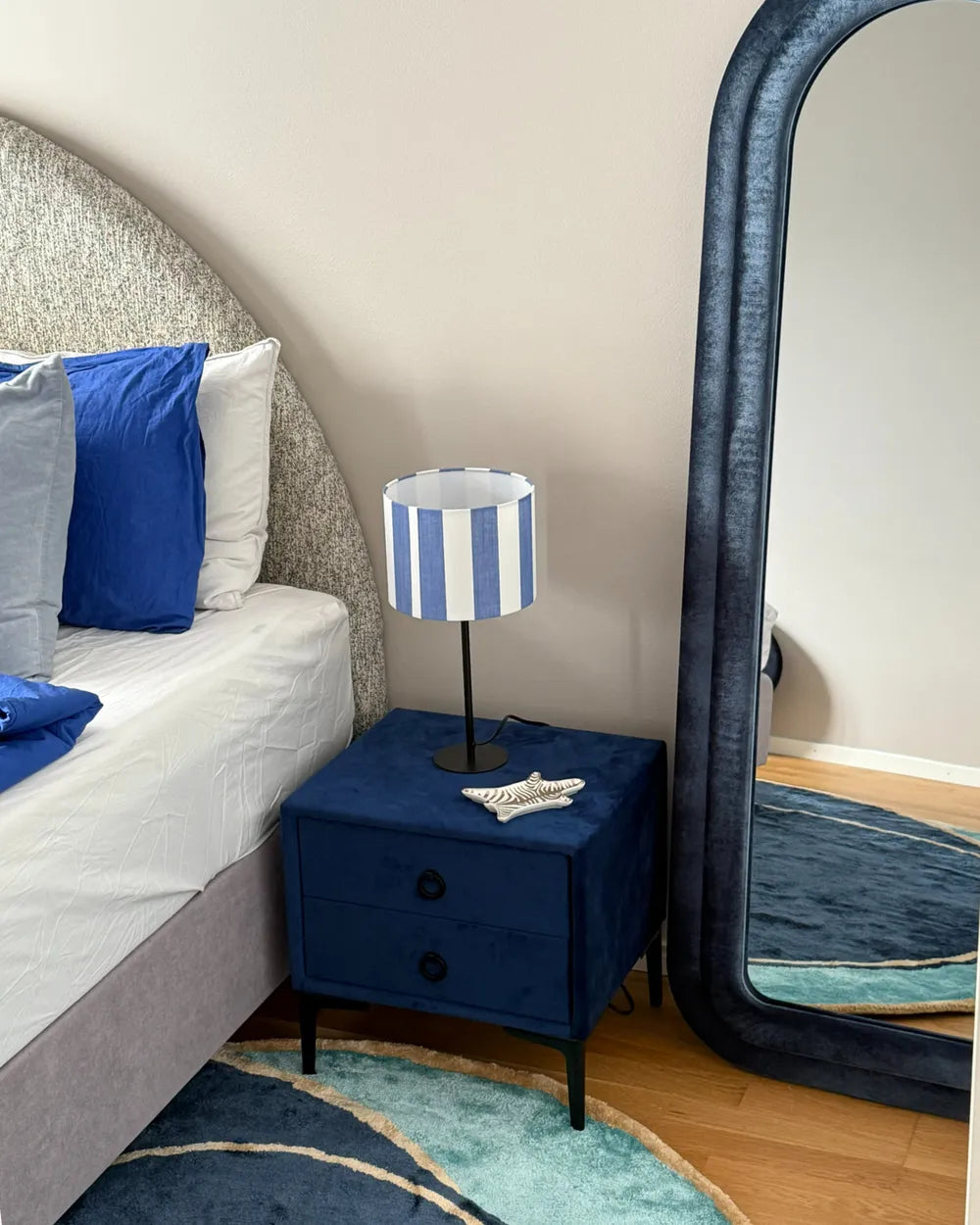 2 Drawer Upholstered Bedside Table SEZANNE in Blue Velvet with Metal Legs