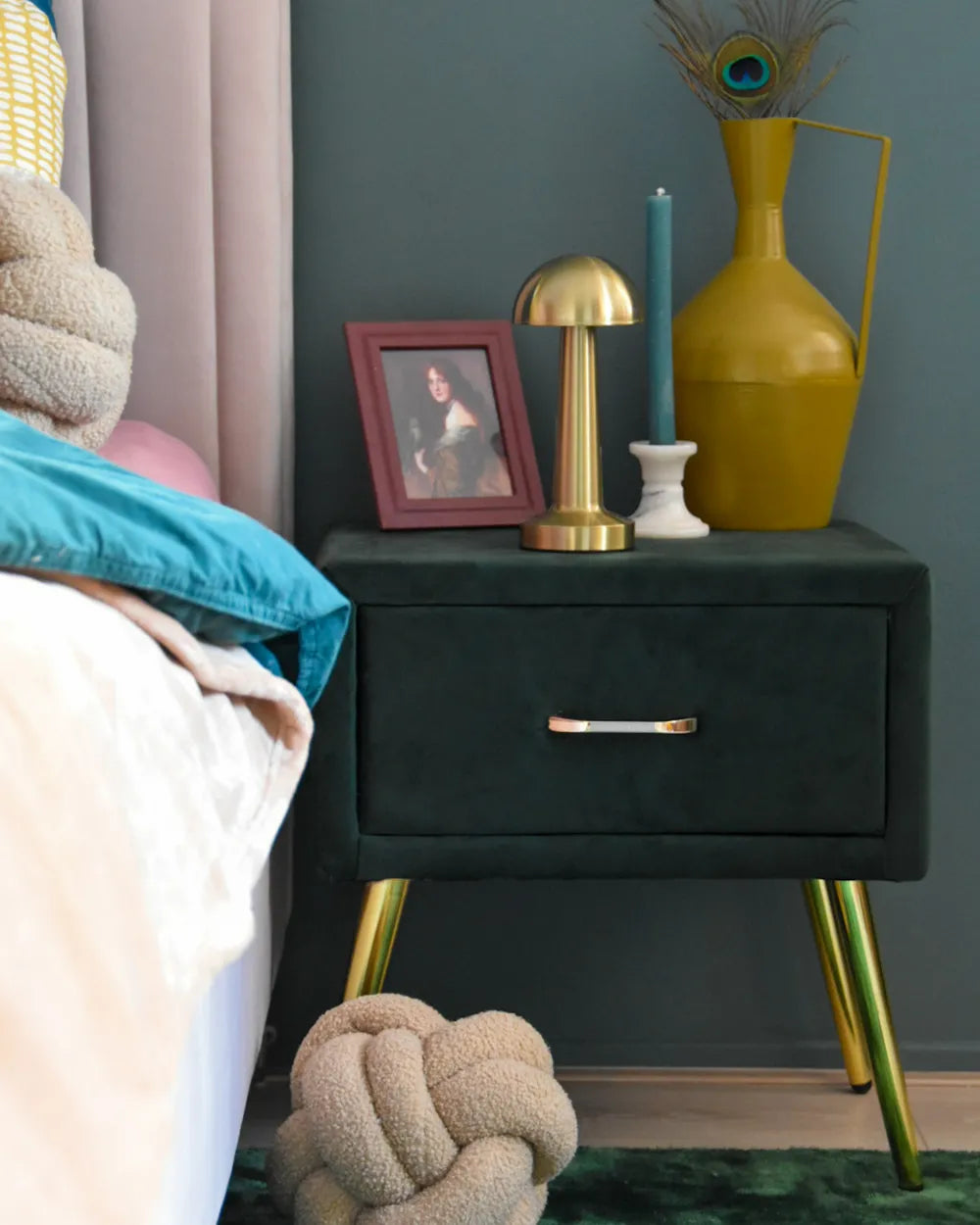 1 Drawer Bedside Table FLAYAT – Velvet Upholstered Nightstand, Green with Gold Legs