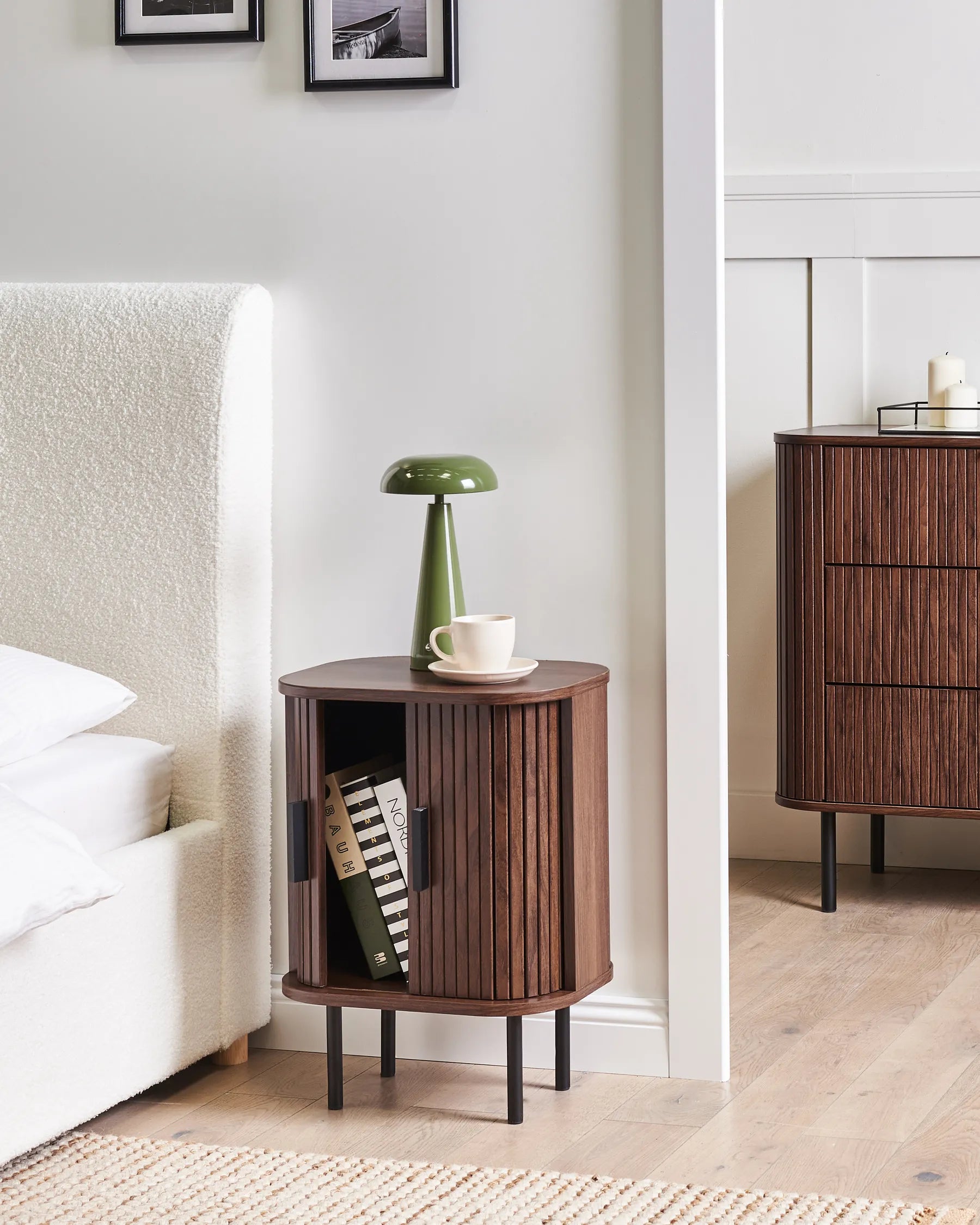 Bedside Table BRADLEY Dark Brown with Sliding Doors, Retro Nightstand with Storage, MDF & Pine Wood, 40 x 30 x 55 cm