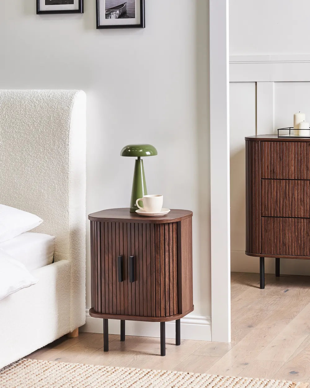 Bedside Table BRADLEY Dark Brown with Sliding Doors, Retro Nightstand with Storage, MDF & Pine Wood, 40 x 30 x 55 cm