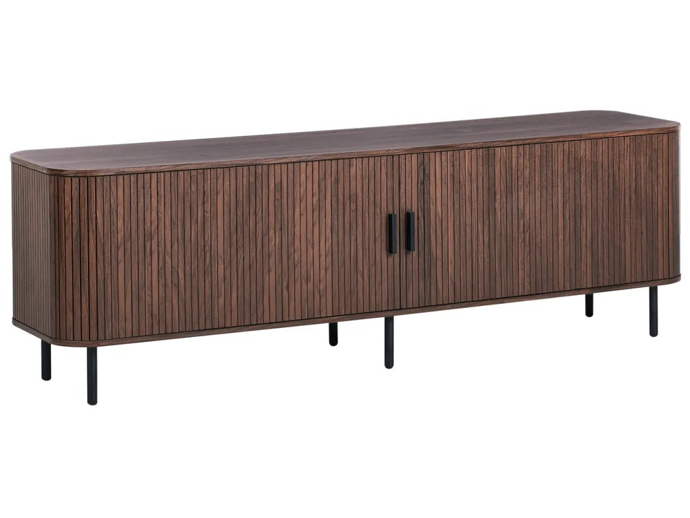 Retro Sliding Door TV Stand BRADLEY Dark Brown – 180 cm TV Cabinet with Slatted Doors, Cable Management & Spacious Storage