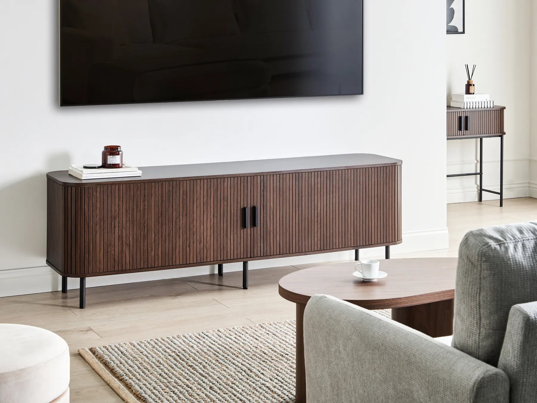 Retro Sliding Door TV Stand BRADLEY Dark Brown – 180 cm TV Cabinet with Slatted Doors, Cable Management & Spacious Storage