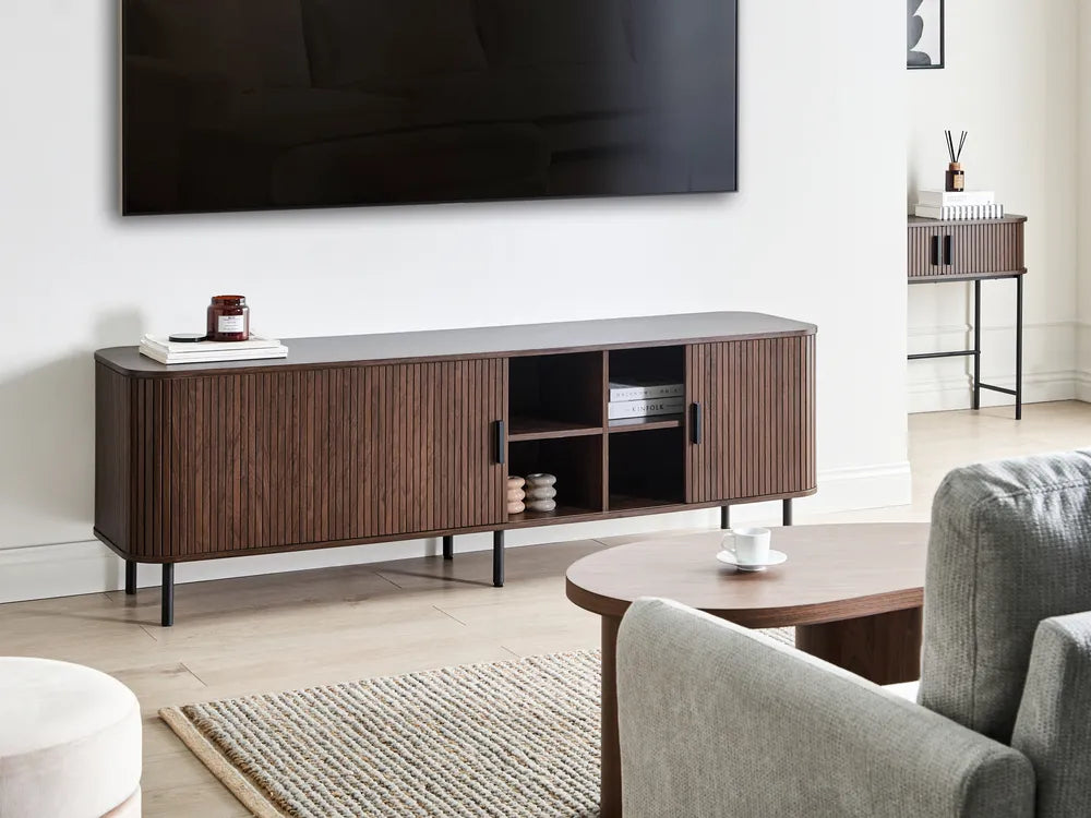 Retro Sliding Door TV Stand BRADLEY Dark Brown – 180 cm TV Cabinet with Slatted Doors, Cable Management & Spacious Storage