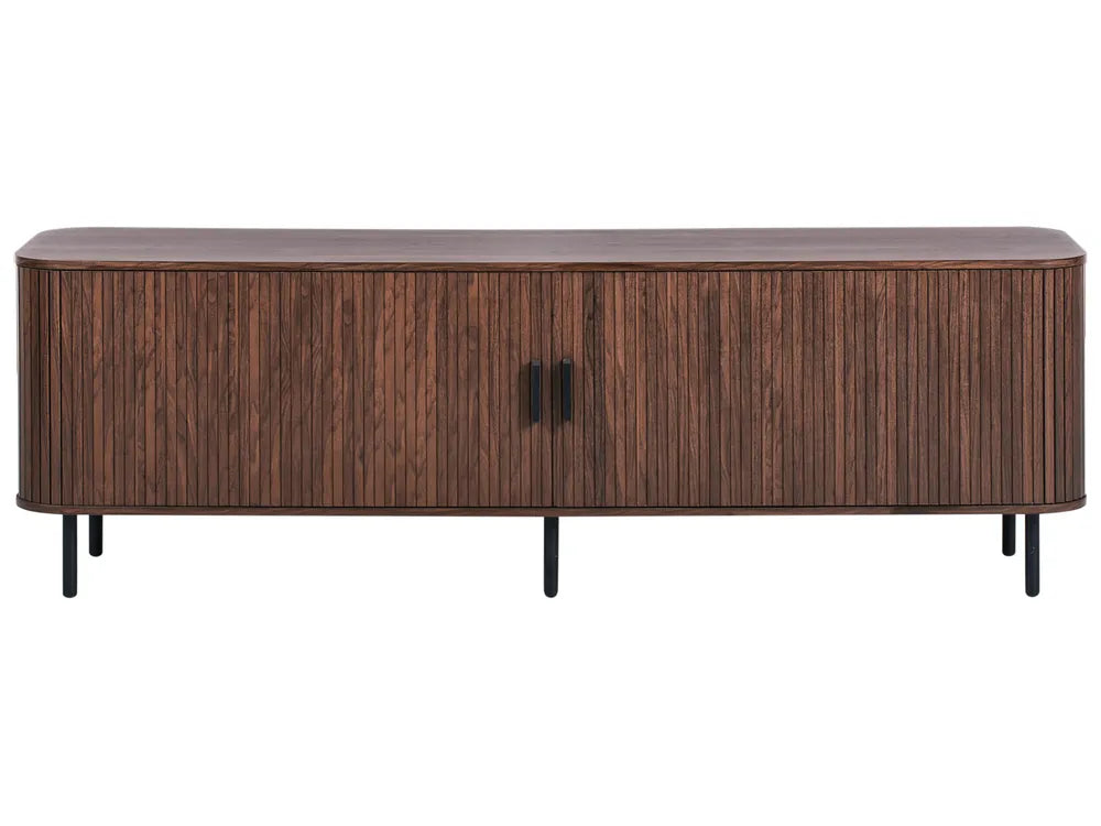 Retro Sliding Door TV Stand BRADLEY Dark Brown – 180 cm TV Cabinet with Slatted Doors, Cable Management & Spacious Storage
