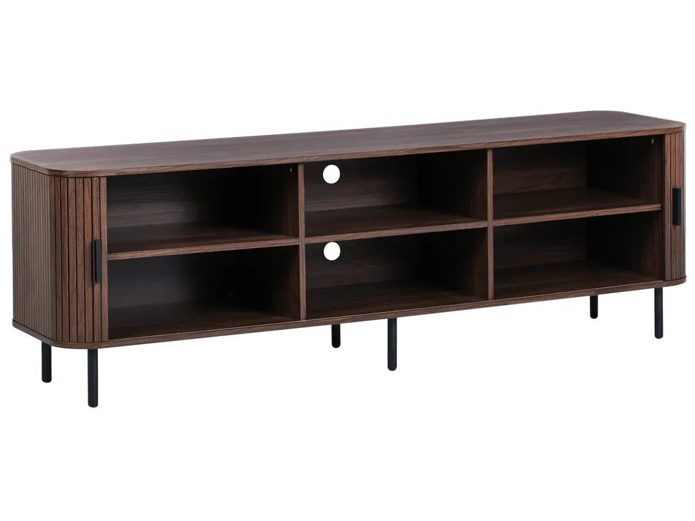 Retro Sliding Door TV Stand BRADLEY Dark Brown – 180 cm TV Cabinet with Slatted Doors, Cable Management & Spacious Storage