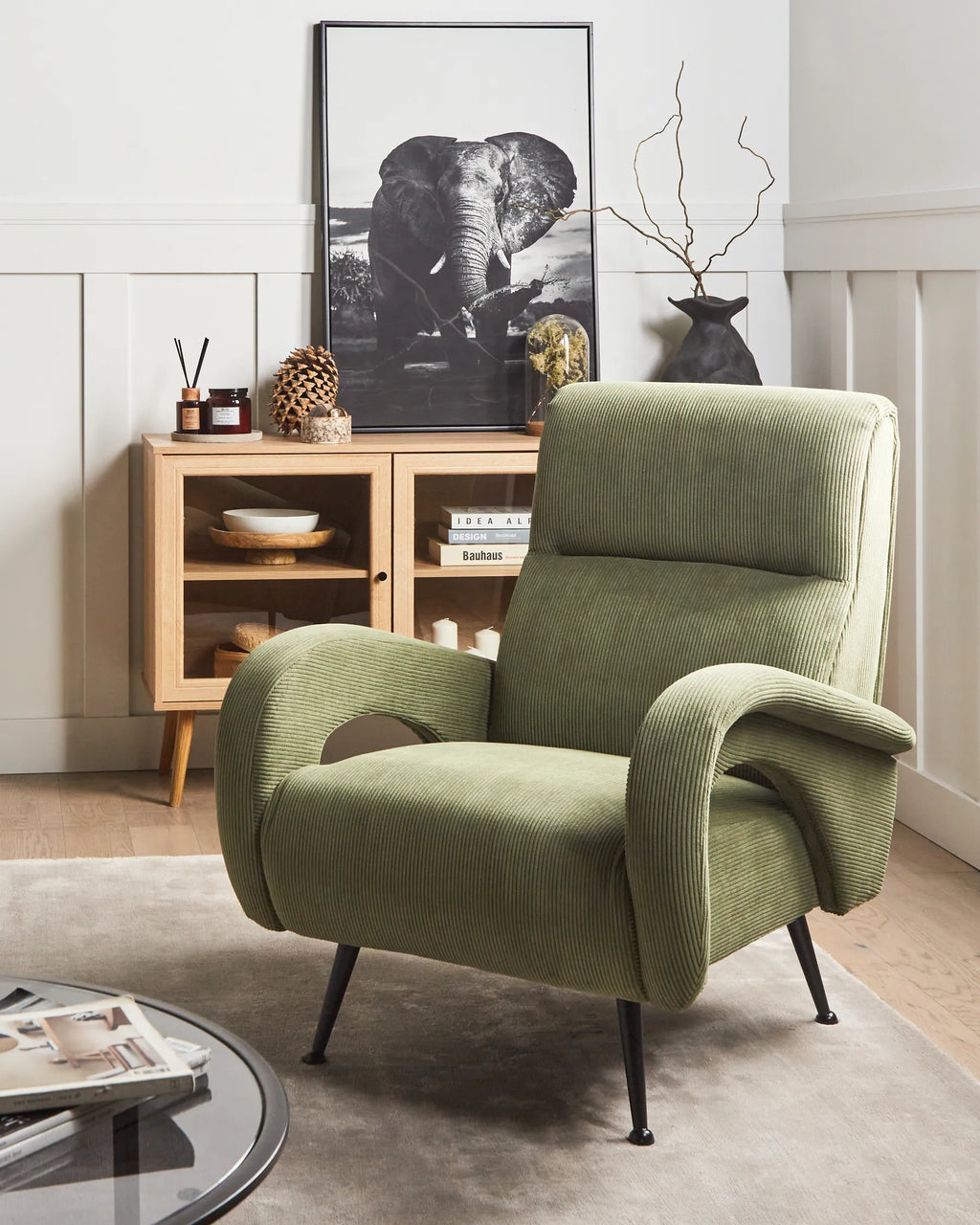 Armchair SVALOV Corduroy Green– Retro Style Upholstered Armchair with Thick Padding