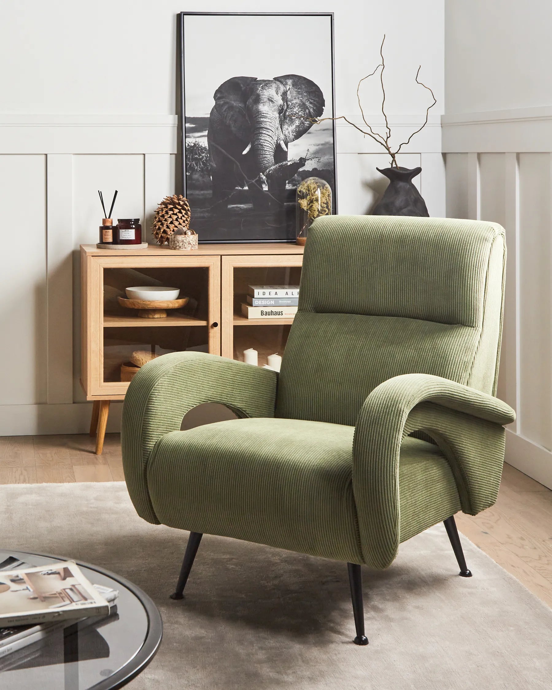 Armchair SVALOV Corduroy Green– Retro Style Upholstered Armchair with Thick Padding