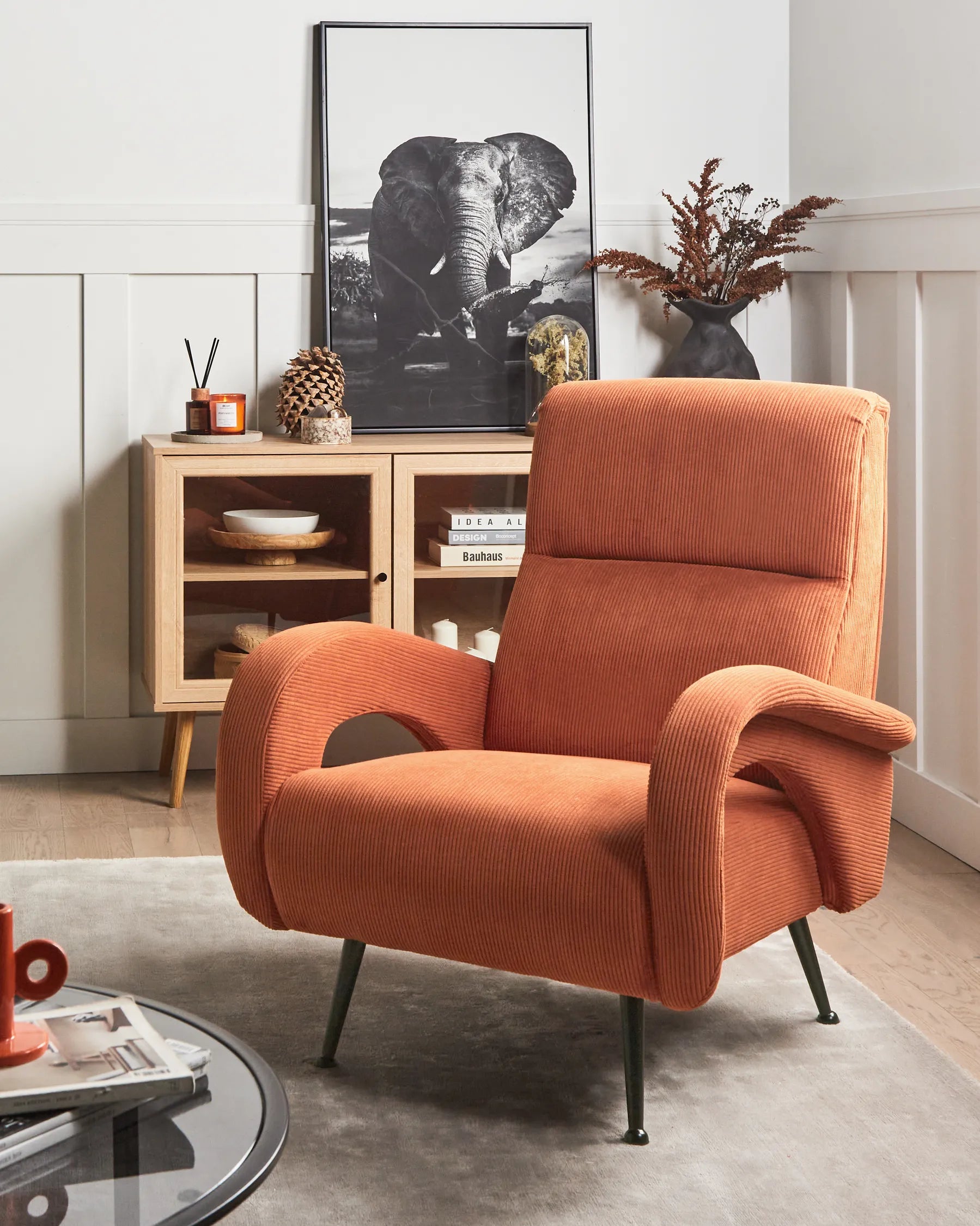 Armchair SVALOV Corduroy Orange – Retro Style Upholstered Armchair with Thick Padding
